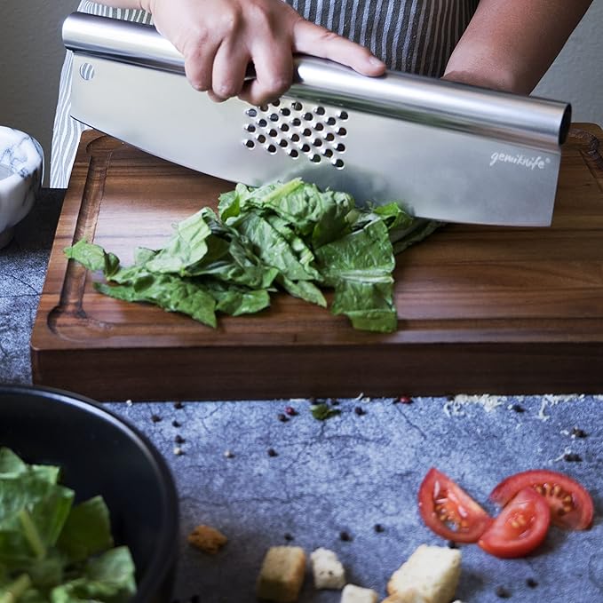gemiknife Pizza Cutter Plus. Premium 14” Sharp Rocker Slicer + Built In Cheese Grater. Thick & Sturdy Stainless Steel Blade + Centered Handle + Protective Knife Cover + Dishwasher Safe.