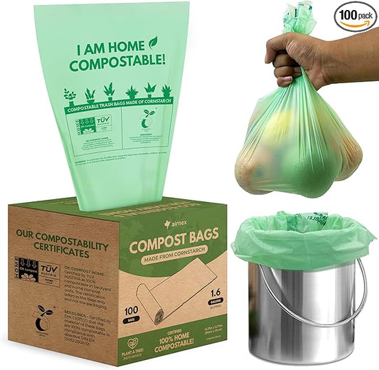 Small Compost Bags 1.6 Gal - 100 Compostable Kitchen Trash Bags for Countertop Bin - Cornstarch Leakproof & Tear-Resistant - OK Compost Home & Seedling Certified 0.18 mm Kitchen Garbage Bags