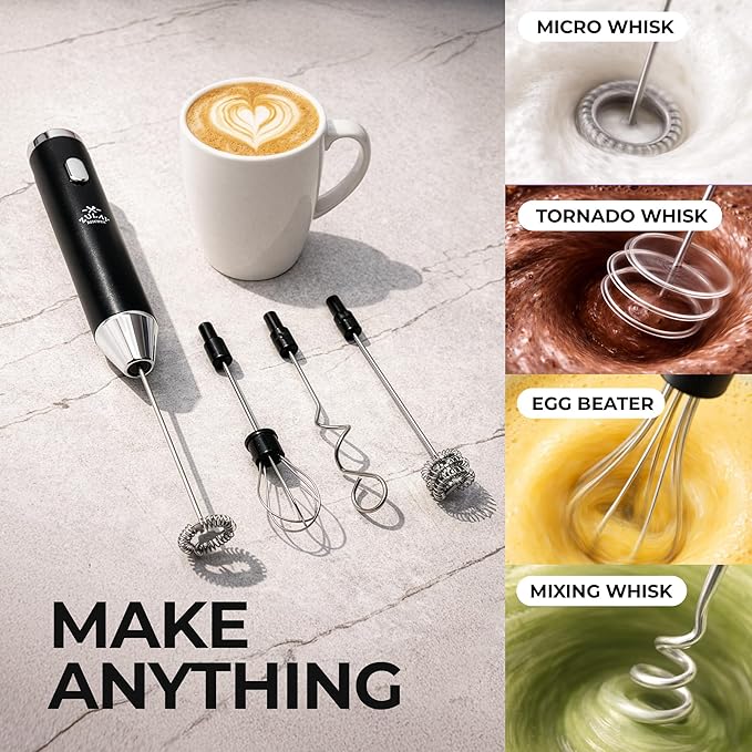 Zulay Kitchen Metal Rechargeable Milk Frother, 3 Whisk Attachments Handheld Frother Wand, 1800mAh USB-C Charging, Electric Drink Mixer for Protein, Matcha & Powders - One Charge Lasts up to 6 Months