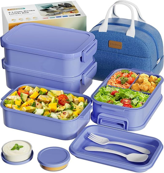 Adults Bento Box with Insulated Lunch Bag, 74oz Capacity 3 Stackable Leak-Proof Bento Box Built-In Utensil and Sauce, PFAS & BPA-Free, Microwave & Dishwasher Safe (Mist Purple)