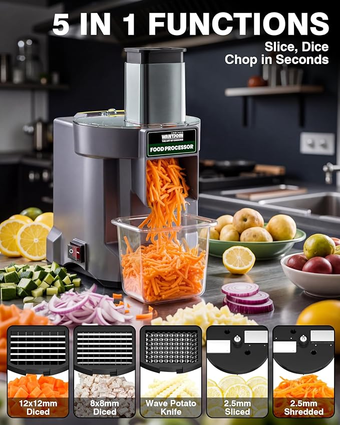 WantJoin 5-in-1 Electric Food Processor & Vegetable Chopper - Multifunctional Commercial Dicer with Stainless Steel Blades for Slicing (2.5mm), Dicing (6/8/12mm), Chopping (2.5mm), Shredding