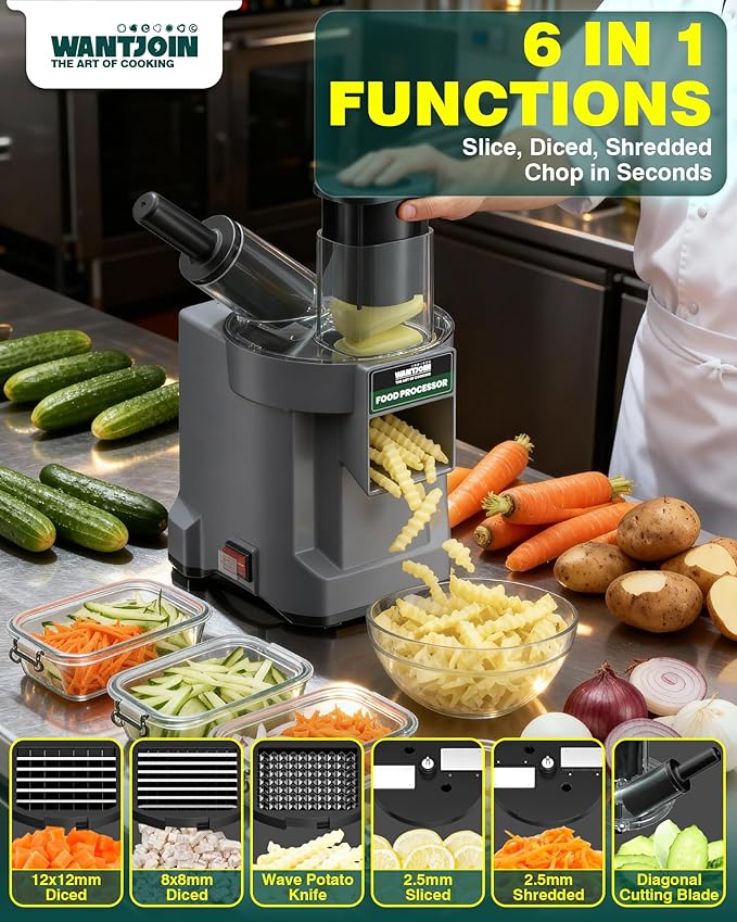 WantJoin 6 in 1 Electric Vegetable Chopper - Multifunctional Commercial Food Processor with Stainless Steel Blades for Slicing(2.5mm), Dicing(6/8/12mm), Chopping(2.5mm), Shredding