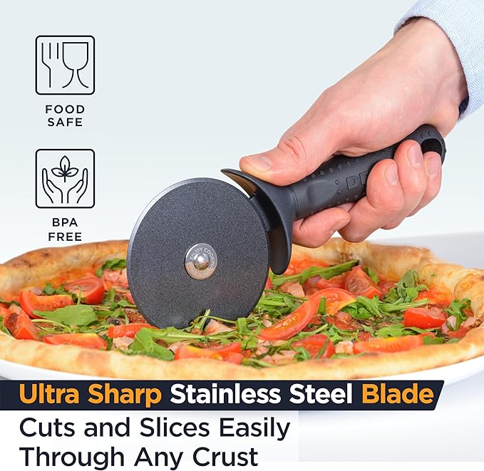 Deiss Lux Heavy Duty Pizza Cutter With Wheel Slicer- Stainless Steel Sharp Smooth Pizza Cutter Wheel With Easy Grip Non-Slip Handle, Dishwasher Safe (BLACK)