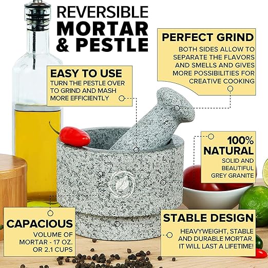 Laevo Mortar and Pestle Set (Large) - Stone Spice Grinder - Grinding Bowl and Pestle - Reversible Molcajete Mexicano - Large Mortar and Pestles Set for Guacamole, Spices - 2.1 Cup, Gray Granite