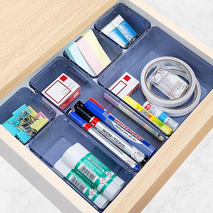 23 PCS Drawer Organizer Set, 5 Varied Size Bathroom and kitchen Drawer cabinet organizer Trays, Clear Storage Bins for Makeup, Jewelry, Utensils and Gadgets, Dark Blue