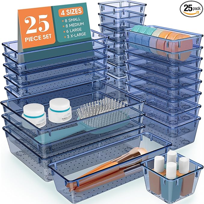 25 PCS Drawer Organizer Set, 5 Varied Size Bathroom and kitchen Drawer cabinet organizer Trays, Clear Storage Bins for Makeup, Jewelry, Utensils and Gadgets, Dark Blue