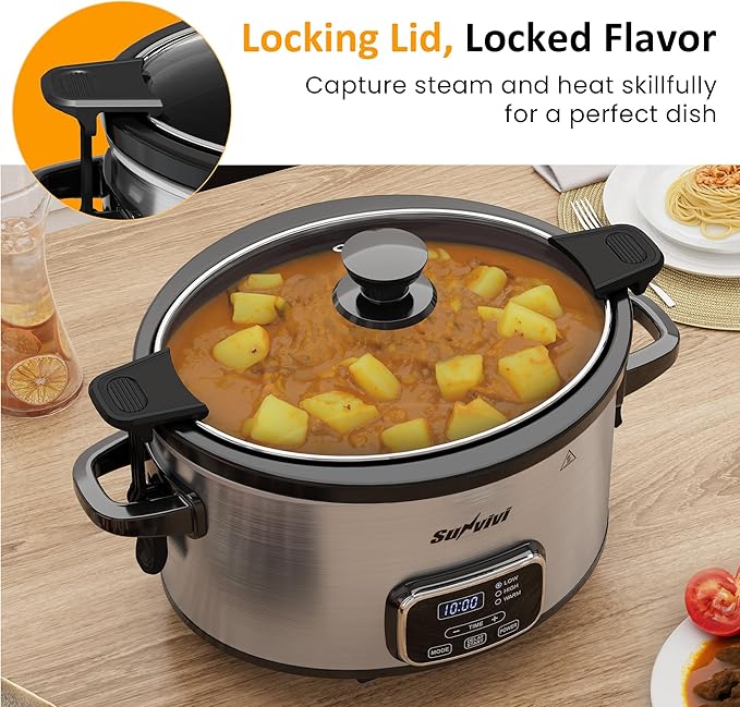 Sunvivi 4QT Programmable Slow Cooker with Locking Lid, Removable Ceramic Pot, 3 Heating Settings & Timer, Dishwasher-Safe, Stainless Steel