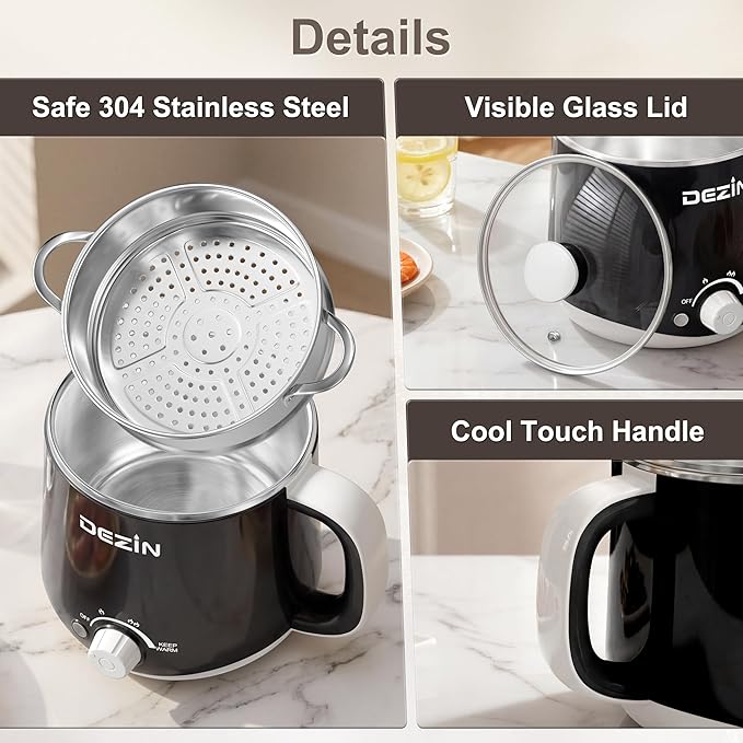 Dezin Hot Pot Electric with Steamer, Rapid Noodles Cooker, Stainless Steel Electric Pot 1.6 Liter, Perfect for Ramen, Egg, Dumpling, Soup, Oatmeal with Temperature Control and Keep Warm Function