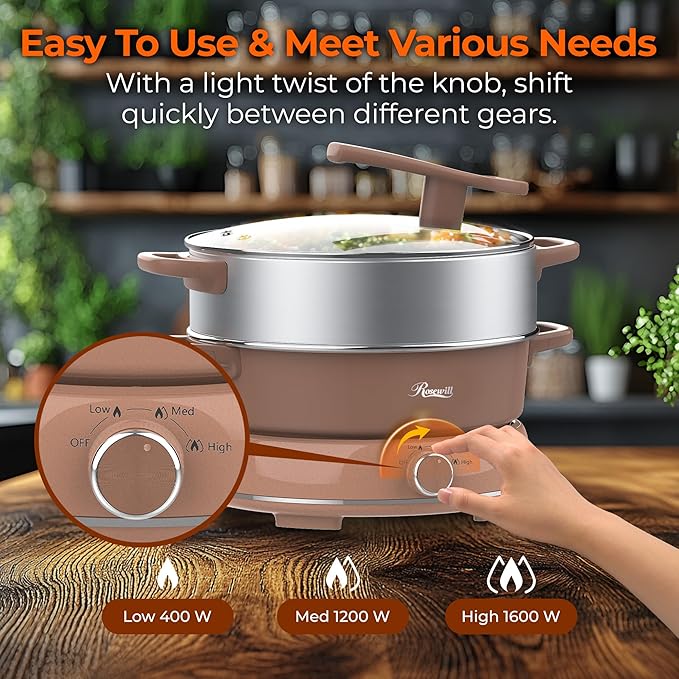 Rosewill 12.7 QT Electric Hot Pot Slow Cooker with Multiple Functions, Split Design with 11.8 inch Wider Cooking Pot and SUS Steam Basket, 1600W High Power, Includes Utensils - Mocha