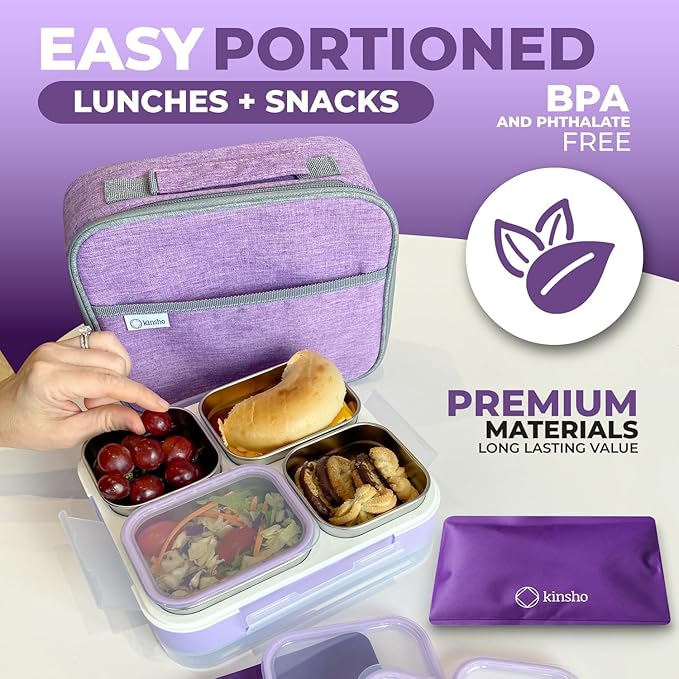 kinsho Stainless Steel Bento Lunch Box Set for Adults, Kids - Insulated Bag and Ice Pack - Leak-Proof Metal Compartment Meal Prep Food & Snack Containers for Work Travel School Daycare, 36 oz Purple