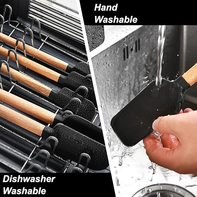 Black Silicone Spatula Set, Food Grade Rubber Spatula-5 Piece Nonstick Rubber Spatulas, Spoonula, Jar Scraper for Cooking, Baking, Mixing, Frosting