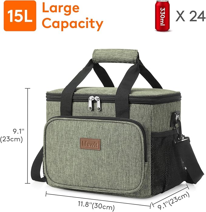 Lifewit Large Lunch Bag Insulated Lunch Box Soft Cooler Cooling Tote for Adult Men Women, Dark Green 24-Can (15L)