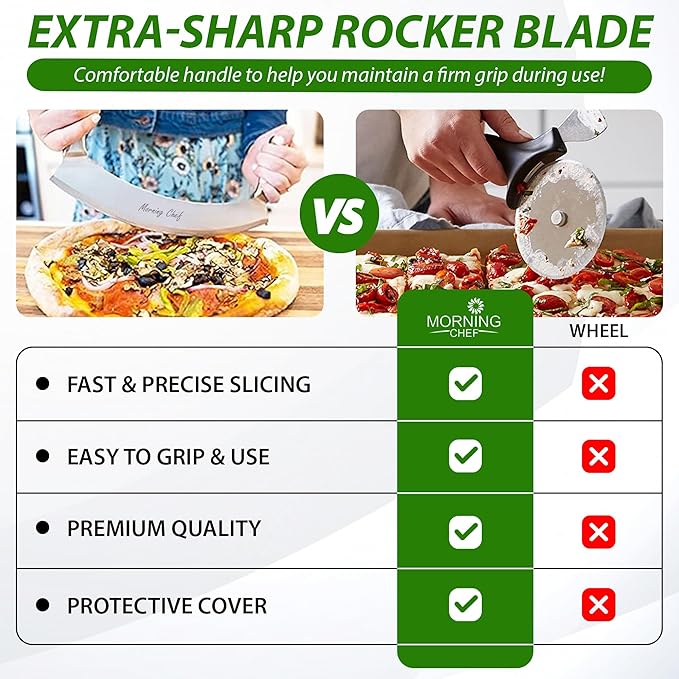 12" Stainless Steel Mezzaluna Knife | Pizza Cutter | Chopper Dicer Mincer | Curved Blade with Steel Handles | Mezzaluna Sheath Pizza Cutter Rocker, Rocker Knife Veggie Cutter