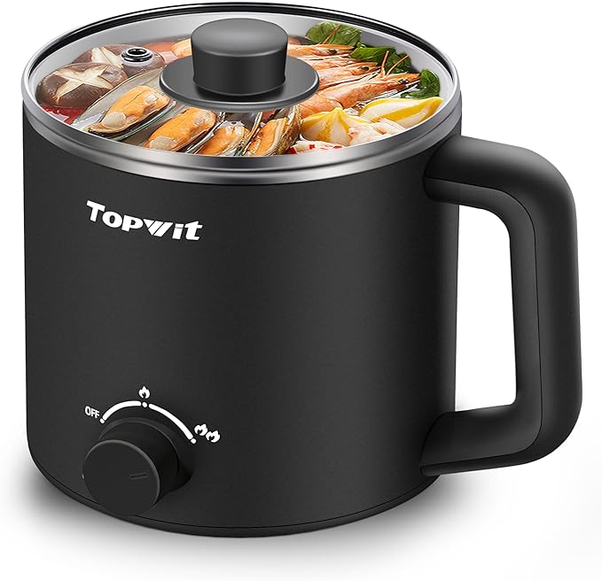 Topwit Hot Pot Electric, Electric Pot, 1.6L Ramen Cooker, Multifunctional Cooker for Pasta, Shabu-Shabu, Oatmeal, Soup and Egg with Over-Heating Protection, Boil Dry Protection, Black
