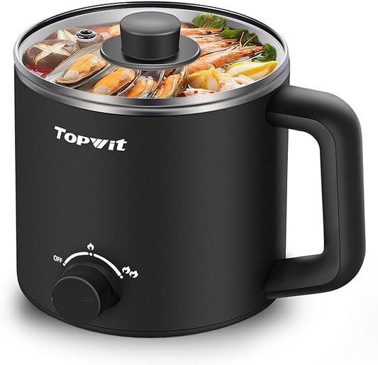 Topwit Hot Pot Electric, Electric Pot, 1.6L Ramen Cooker, Multifunctional Cooker for Pasta, Shabu-Shabu, Oatmeal, Soup and Egg with Over-Heating Protection, Boil Dry Protection, Black