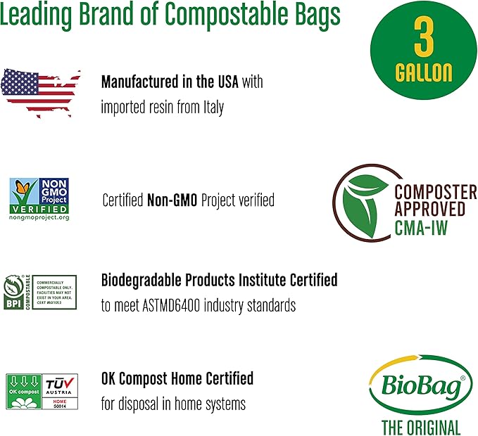 3 Gallon Compostable Food Scrap Bags by BioBag, 100 Count, BPI Certified, Meets ASTM D6400 Standards, Made in USA, Kitchen Trash Bin Liners