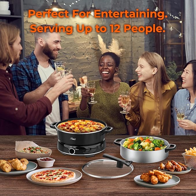 Rosewill 12.7 QT Electric Hot Pot Slow Cooker with Multiple Functions, Split Design with 11.8 inch Wider Cooking Pot and SUS Steam Basket, 1600W High Power, Includes Utensils - Black