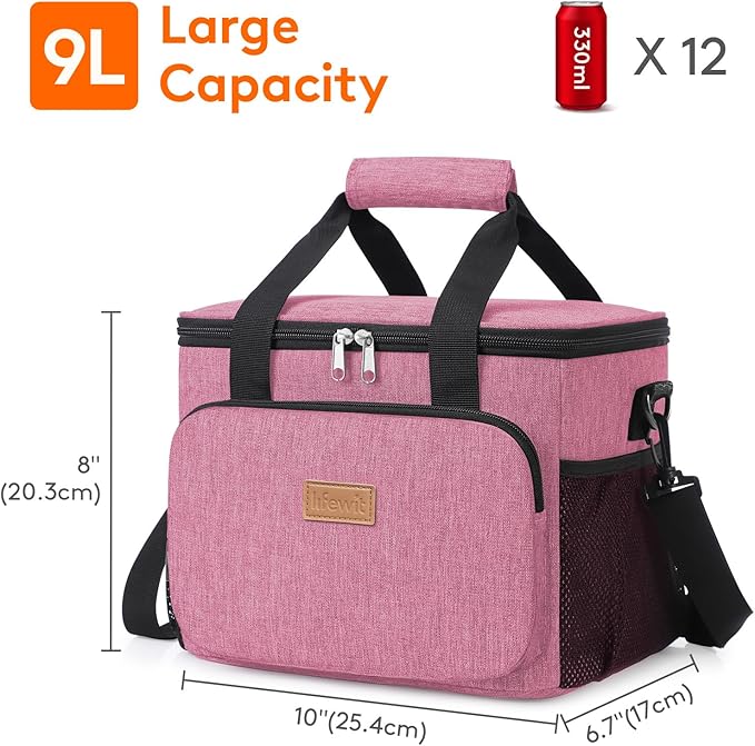 Lifewit Medium Lunch Bag Insulated Lunch Box Soft Cooler Cooling Tote for Adult Men Women, Pink 12-Can (9L)