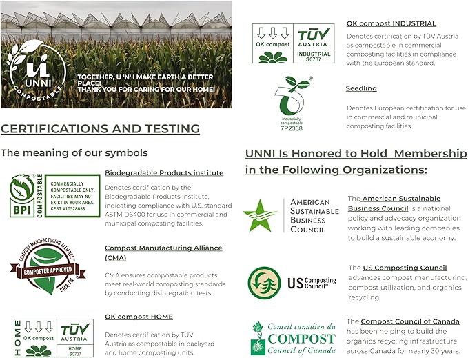 UNNI Compostable T-Shirt Bags with Tie Handles, 2.6 Gallon / 9.84 Liter, 200 Count Value Pack - 2 rolls × 100, 0.68 mil Small Compost Bin Liners, Certified by BPI, CMA & OK compost HOME