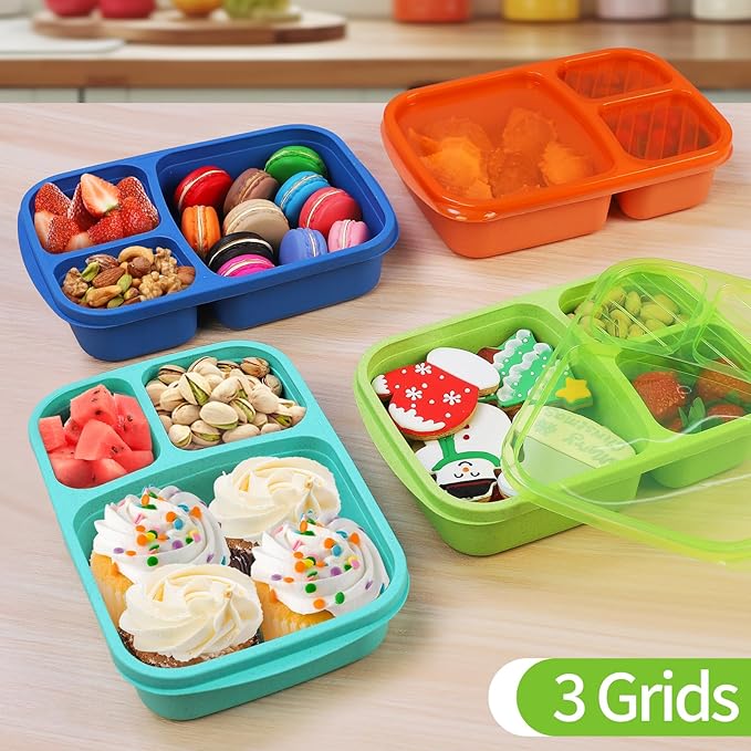 4 Pack Bento Lunch Box Set 3 Compartment Wheat Straw Meal Prep Food Storage Containers Plastic, Microwave and Dishwasher Safe（Jewel Brights）