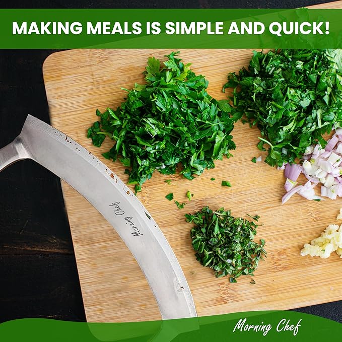 12" Stainless Steel Mezzaluna Knife | Pizza Cutter | Chopper Dicer Mincer | Curved Blade with Steel Handles | Mezzaluna Sheath Pizza Cutter Rocker, Rocker Knife Veggie Cutter