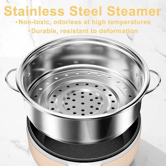 Dezin Hot Pot Electric with Steamer Upgraded, Non-Stick Sauté Pan, Rapid Noodles Electric Pot, 1.5L Mini Pot for Steak, Egg, Fried Rice, Ramen, Oatmeal, Soup with Power Adjustment