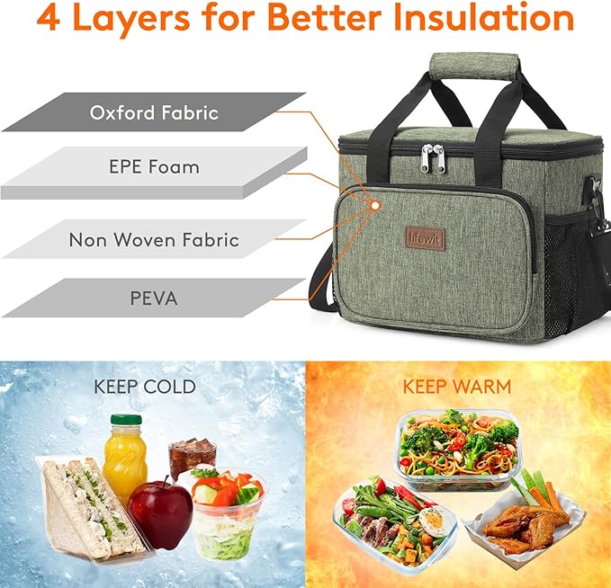 Lifewit Large Lunch Bag Insulated Lunch Box Soft Cooler Cooling Tote for Adult Men Women, Dark Green 24-Can (15L)