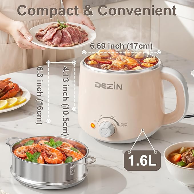 Dezin Hot Pot Electric with Steamer, Rapid Noodles Cooker, Stainless Steel Electric Pot 1.6 Liter, Perfect for Ramen, Egg, Dumpling, Soup, Oatmeal with Temperature Control and Keep Warm Function
