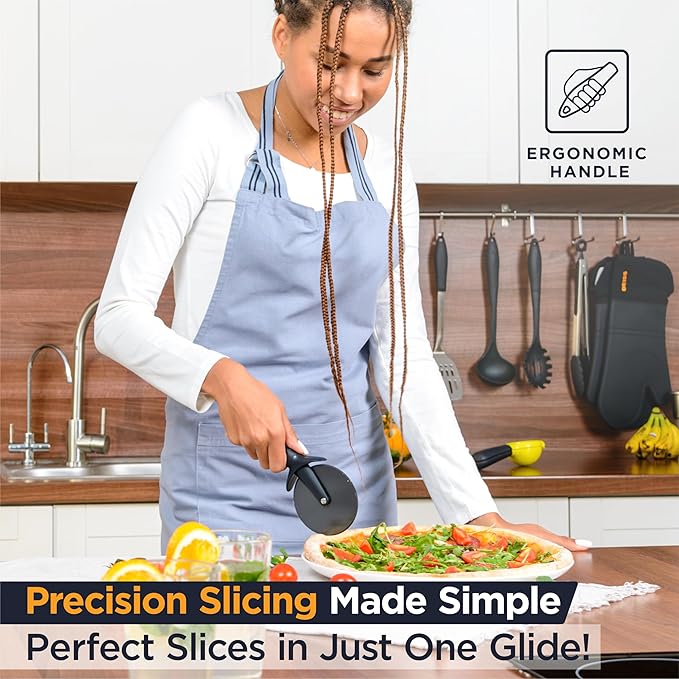 Deiss Lux Heavy Duty Pizza Cutter With Wheel Slicer- Stainless Steel Sharp Smooth Pizza Cutter Wheel With Easy Grip Non-Slip Handle, Dishwasher Safe (BLACK)
