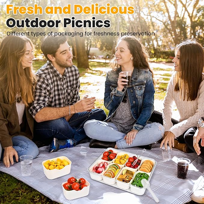 (2Pcs)Divided Serving Tray with Lid,Snackle Box Container with Lid,Snack Box Container with Cutlery Storage,8 Fruit Forks,2Spoons,Fruit Tray,Portable Snack Organizer,8 Compartments snack tray with lid