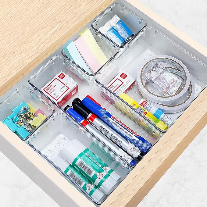 10 PCS Drawer Organizer Set,4 Varied Size Bathroom and kitchen Drawer cabinet organizer Trays, Clear Storage Bins for Makeup, Jewelry, Utensils and Gadgets
