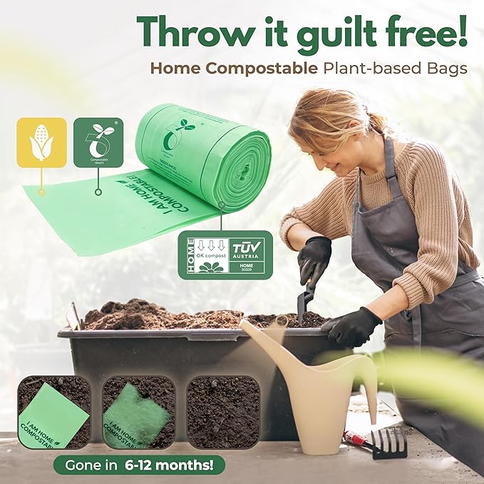 Small Compost Bags 1.6 Gal - 50 Compostable Kitchen Trash Bags for Countertop Bin - Cornstarch Leakproof & Tear-Resistant - OK Compost Home & Seedling Certified 0.18 mm Kitchen Garbage Bags