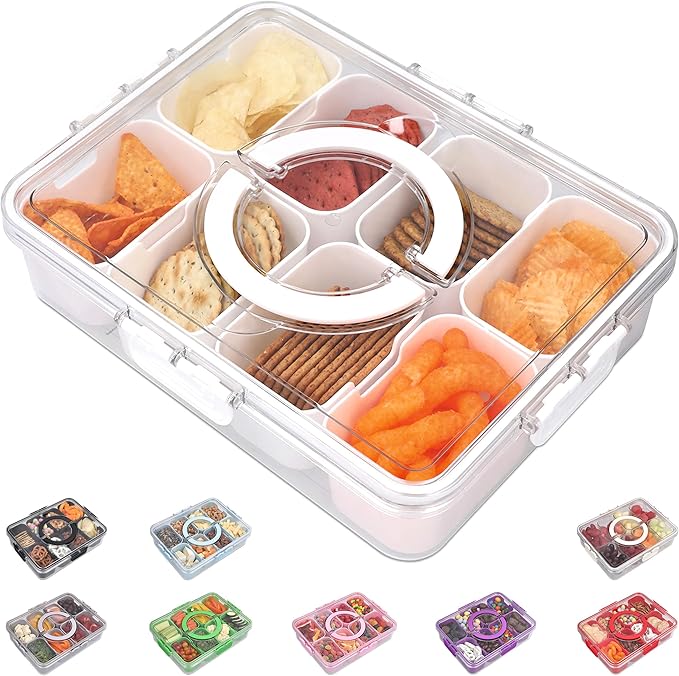 Snackle Box Container with Lid Travel Charcuterie Box with Handle Organizer for Candy, Fruit, Nuts, Veggies, Snacks, Beach Essentials, Portable Lunch Box (Bright White, Large)