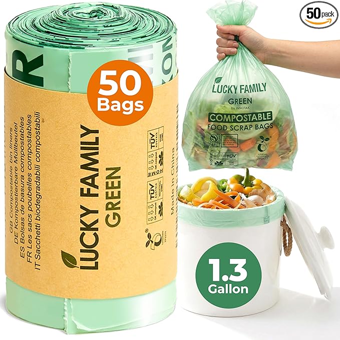 Compostable Trash Bags for Kitchen Compost Bins – 1.3 Gallon Small Compost Bags for Countertop Bin, Green Compostable Bags, BPI & OK Industrial Certified, Leak-Proof Food Waste Bags (50 Count)