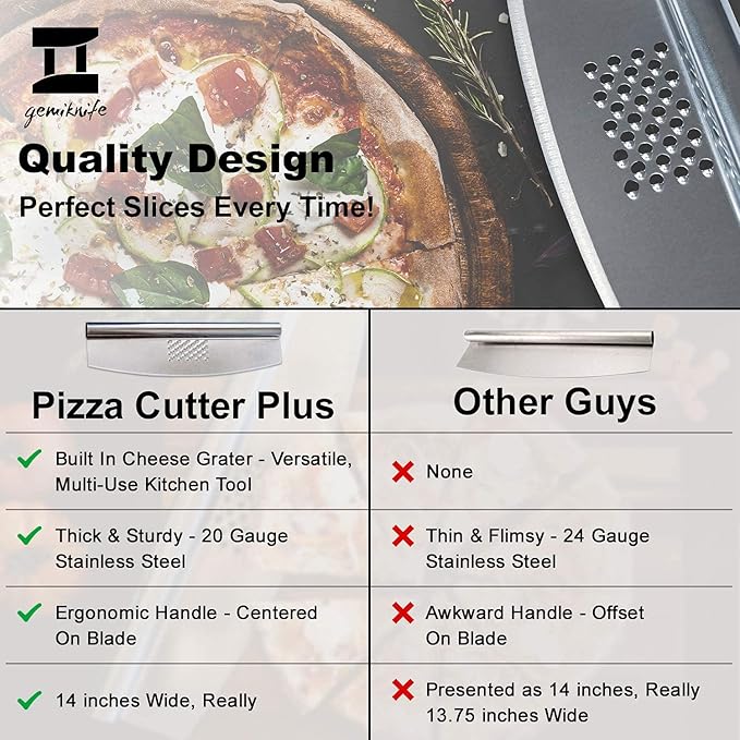 gemiknife Pizza Cutter Plus. Premium 14” Sharp Rocker Slicer + Built In Cheese Grater. Thick & Sturdy Stainless Steel Blade + Centered Handle + Protective Knife Cover + Dishwasher Safe.