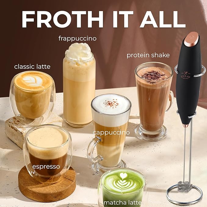 Zulay Kitchen Patented Tornado Triple Whisk Milk Frother with 4 Duracell Batteries – Handheld Foam Maker for Coffee, Lattes, Matcha & Hot Chocolate – Rich, Creamy Froth in Seconds