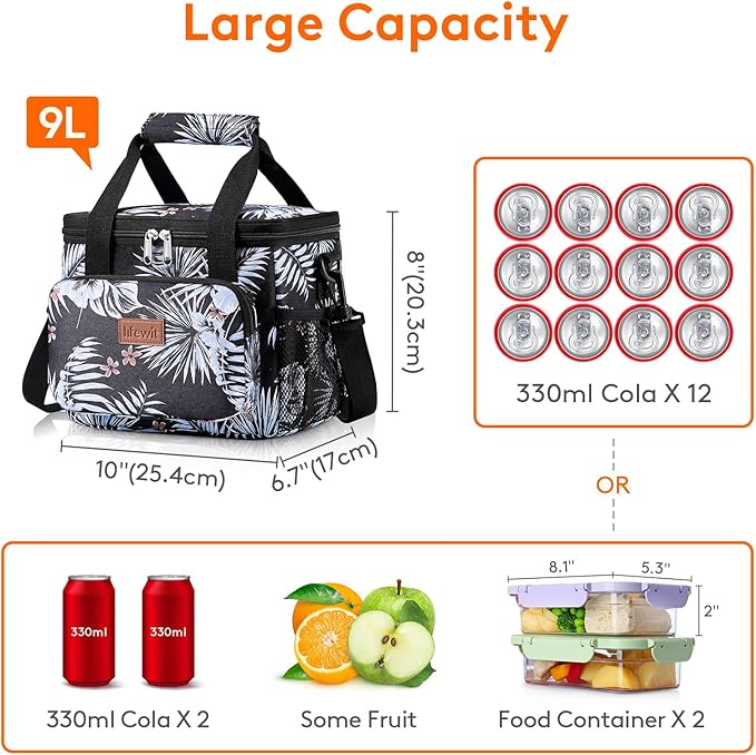 Lifewit Medium Lunch Bag Insulated Lunch Box Soft Cooler Cooling Tote for Adult Men Women, Flower 12-Can (9L)