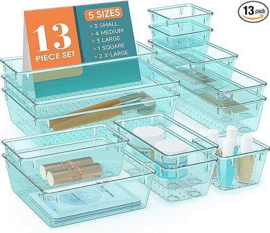 13 PCS Drawer Organizer Set, 5 Varied Size Bathroom and kitchen Drawer cabinet organizer Trays, Clear Storage Bins for Makeup, Jewelry, Utensils and Gadgets