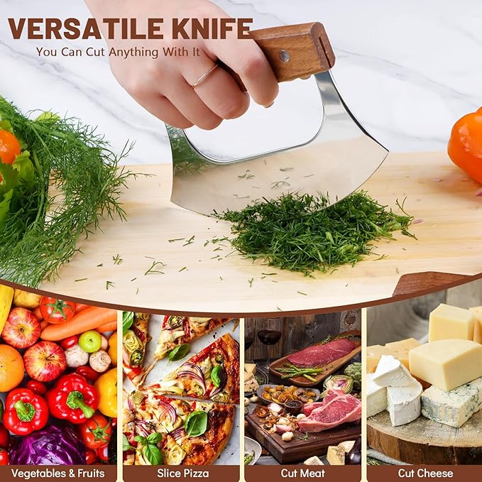 KAYCROWN Ulu Knife, Sharp Rocker Mezzaluna Knife with Wooden Stand, Alaskan Ulu for Pizza Cutter, Vegetable, Salad, Mezzaluna Chopper