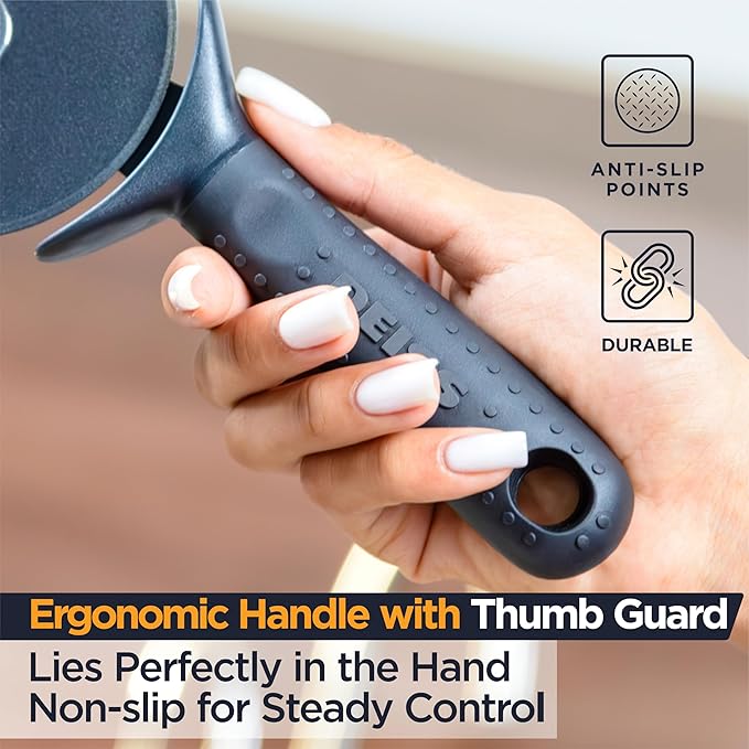 Deiss Lux Heavy Duty Pizza Cutter With Wheel Slicer- Stainless Steel Sharp Smooth Pizza Cutter Wheel With Easy Grip Non-Slip Handle, Dishwasher Safe (BLACK)