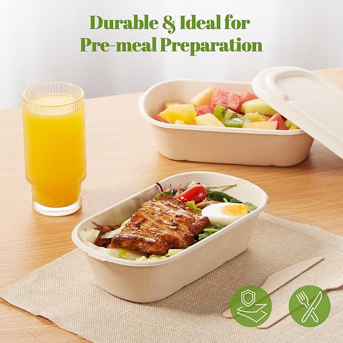 [100% Eco-Friendly] 34 oz Disposable Food Containers with Lids – Sugarcane Pulp Take Out Containers, Biodegradable Lunch Box, Compostable and Microwave Safe To-Go Boxes for Meal Prep – Pack of 50