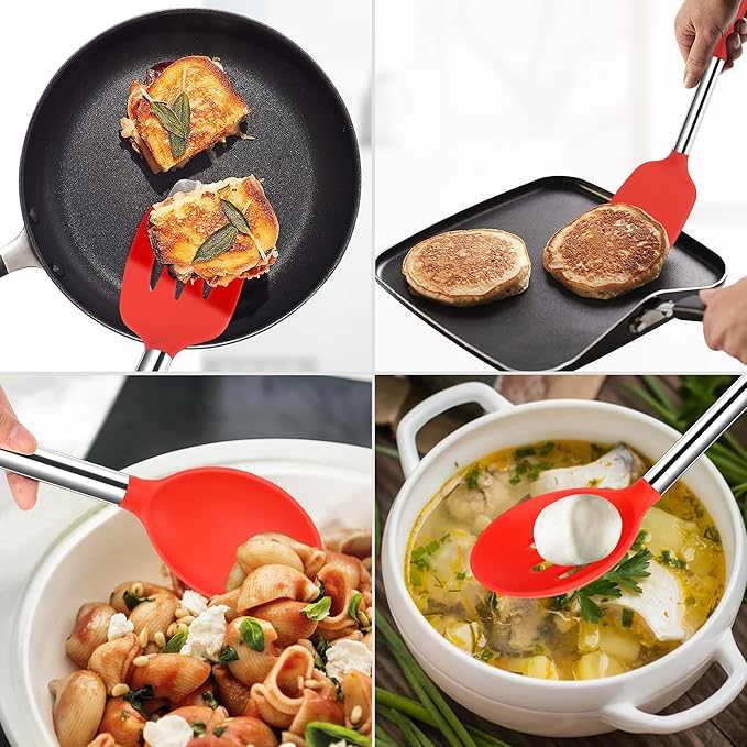 Silicone Spatula Spoon Set, 4 PCS Silicone Cooking Utensils Spatula Spoon Set with Stainless Steel Handle, BPA Free Kitchen Turners for Frying, Mixing, Serving, Draining, Turning, Stirring, Red