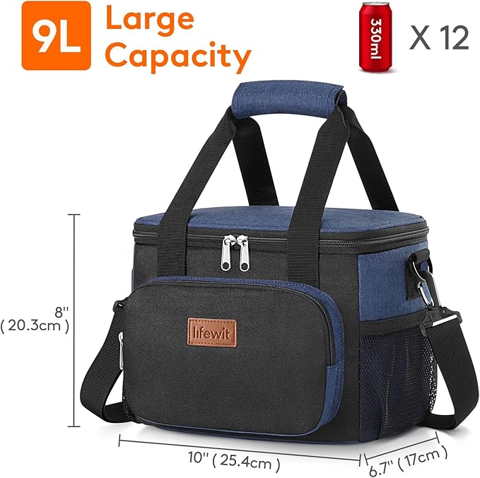 Lifewit Medium Lunch Bag Insulated Lunch Box Soft Cooler Cooling Tote for Adult Men Women, Black and Blue 12-Can (9L)