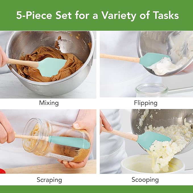 Tovolo Silicone Spatula with Wooden Handle Set of 5 Piece Silicone Kitchen Utensil Set Spoonula Jar Scraper Mini Spatula and Spoonula for Cooking Baking Mixing Folding Aqua Seafoam Green
