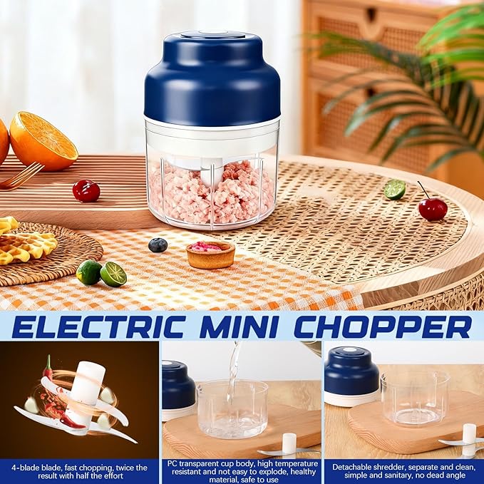 2026 Upgrade Electric Garlic Chopper Mini, Small Garlic Chopper Mincer Rechargeable, 250ml Portable Small Food Processor, Electric Food Chopper Tool for Mashing Onion Garlic Chili Ginger Fruits(Blue)