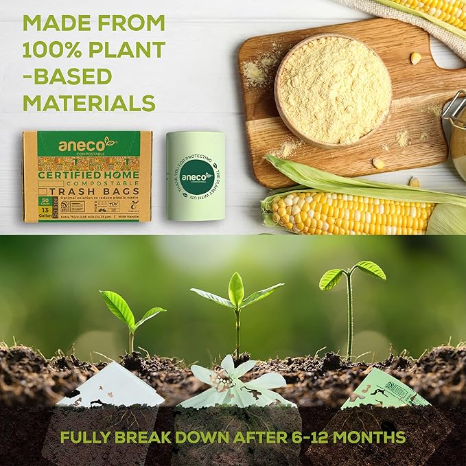 ANECO Compostable Food Waste Bags 13 Gallon, 50 Count, Extra Thick Kitchen Compost Bags With Handles, Large Compostable Bags for Tall Kitchen Bin