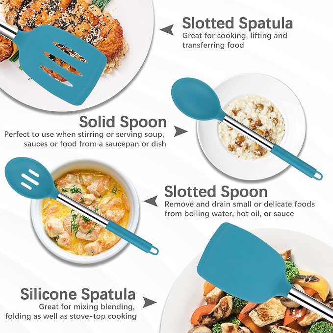 Silicone Spatula Spoon Set, 4 PCS Silicone Cooking Utensils Spatula Spoon Set with Stainless Steel Handle, BPA Free Kitchen Turners for Frying, Mixing, Serving, Draining, Turning, Stirring, Blue
