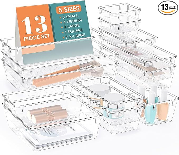 13 PCS Drawer Organizer Set, 5 Varied Size Bathroom and kitchen Drawer cabinet organizer Trays, Clear Storage Bins for Makeup, Jewelry, Utensils and Gadgets