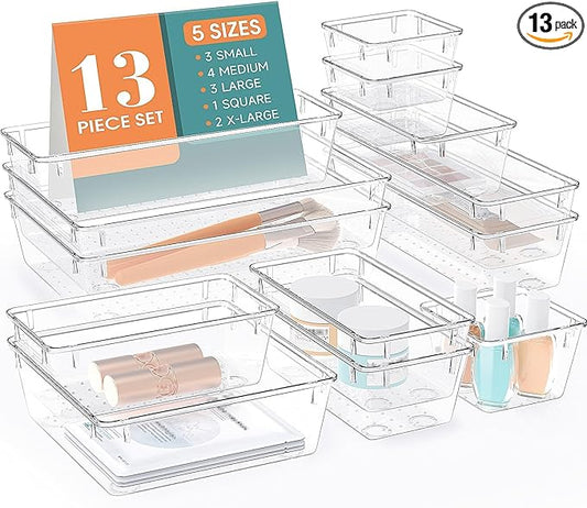 13 PCS Drawer Organizer Set, 5 Varied Size Bathroom and kitchen Drawer cabinet organizer Trays, Clear Storage Bins for Makeup, Jewelry, Utensils and Gadgets