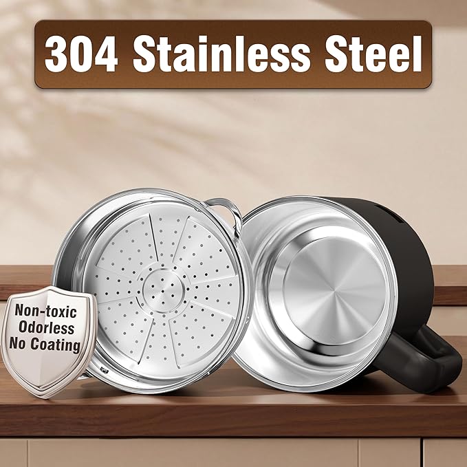 Topwit Hot Pot Electric with Steamer, 1.6L Ramen Cooker, Electric Pot for Pasta, Shabu-Shabu, Oatmeal, Soup and Egg, Portable Cooker with Dual Power Control, Dorm Room Essentials, Black